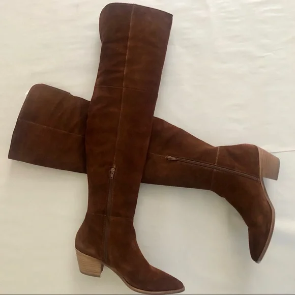 Steve Madden Lucca Pieced Suede Over the Knee Stacked Heel Boot, Cognac 9.5 - Picture 6 of 12